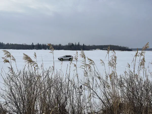 Driving on Lac Ste Anne Ice to Find Farming Island Geocaches