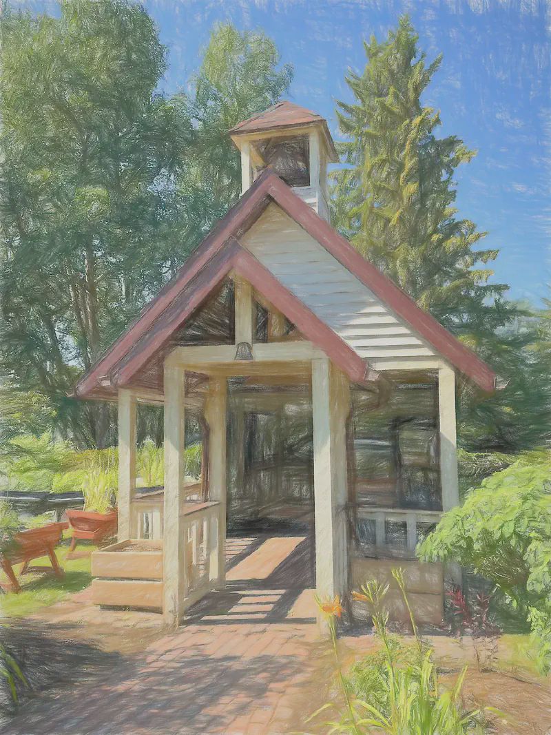 A replica of a rural school house serves as an outdoor museum.