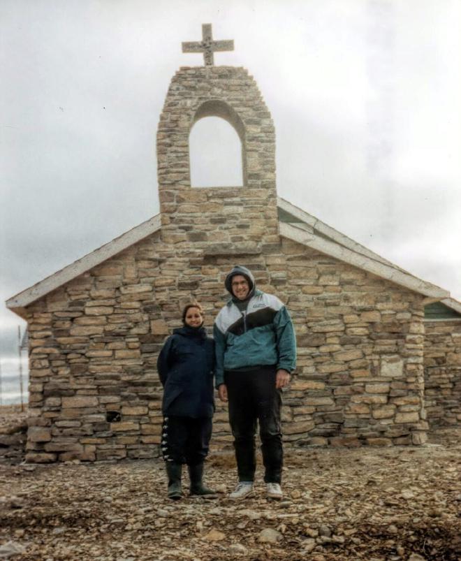 Suz and Grant at the old stone church, just outside of Cambridge Bay