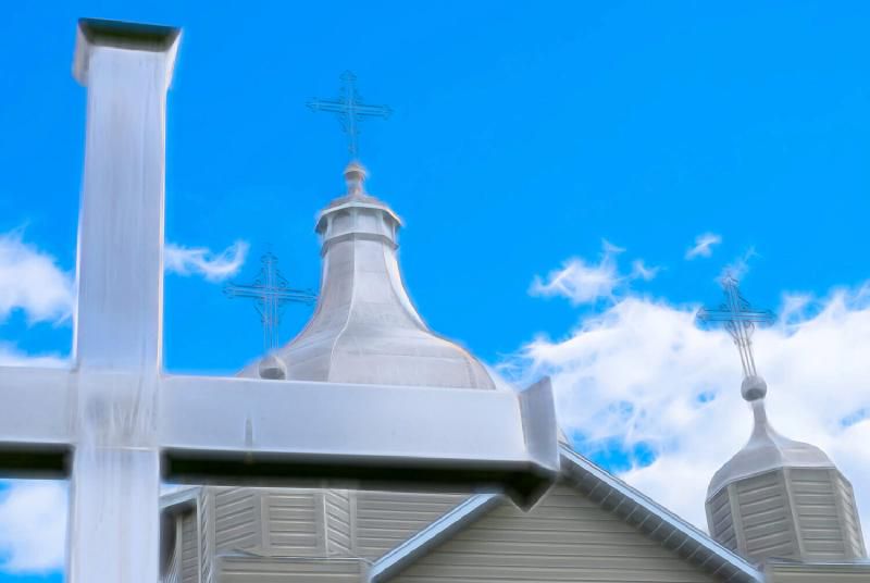 A stylized image taken in front of the church.