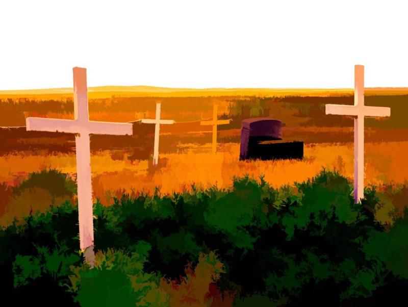A stylized image of some of the grave markers.