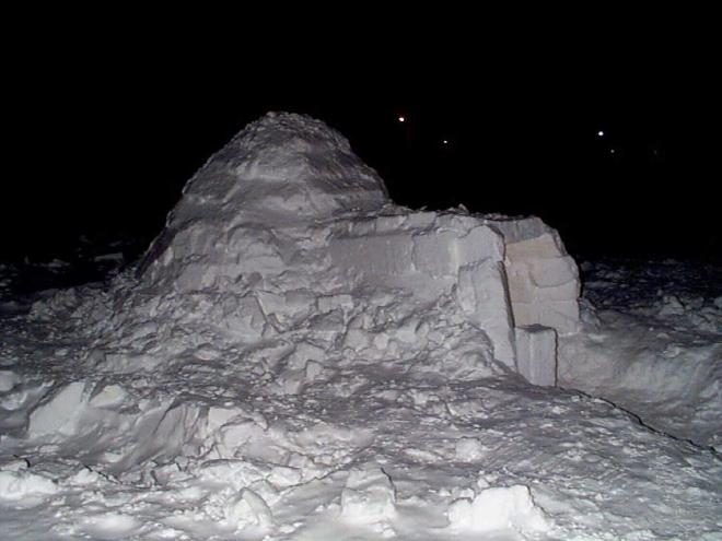 The finished igloo at night.