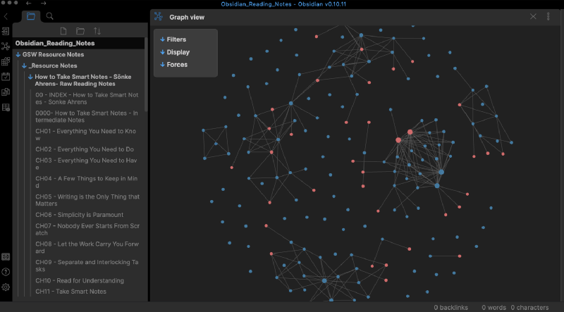 Obsidian with the "Graph view" displayed. Each "dot" on the graph represents a note and the lines between notes represents a link them.